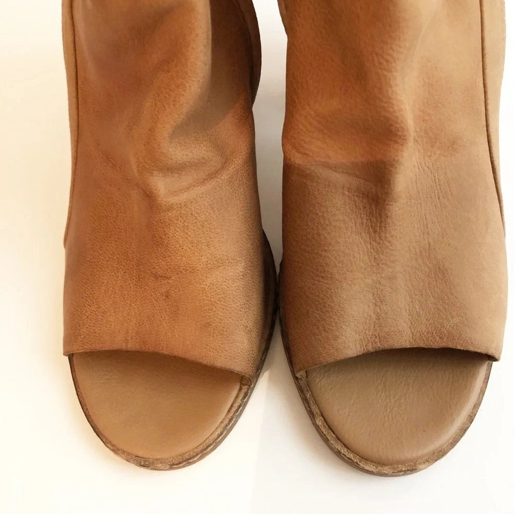 Dolce Vita Brown Open Toe Stacked Heel Booties 9.5 Faux Leather Boho Casual